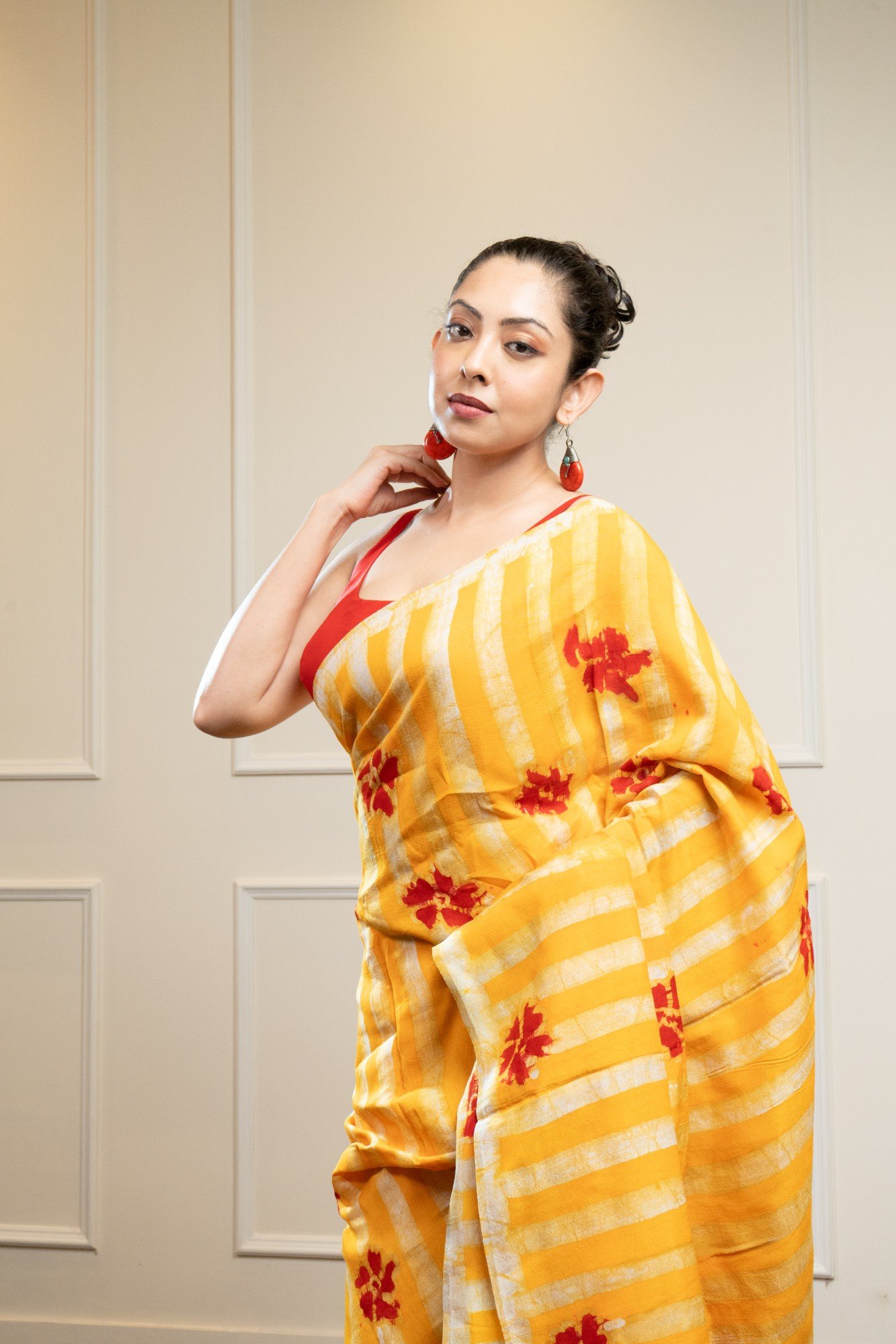 Yellow Floral Stripes Hand Batik Silk Saree - Image 2