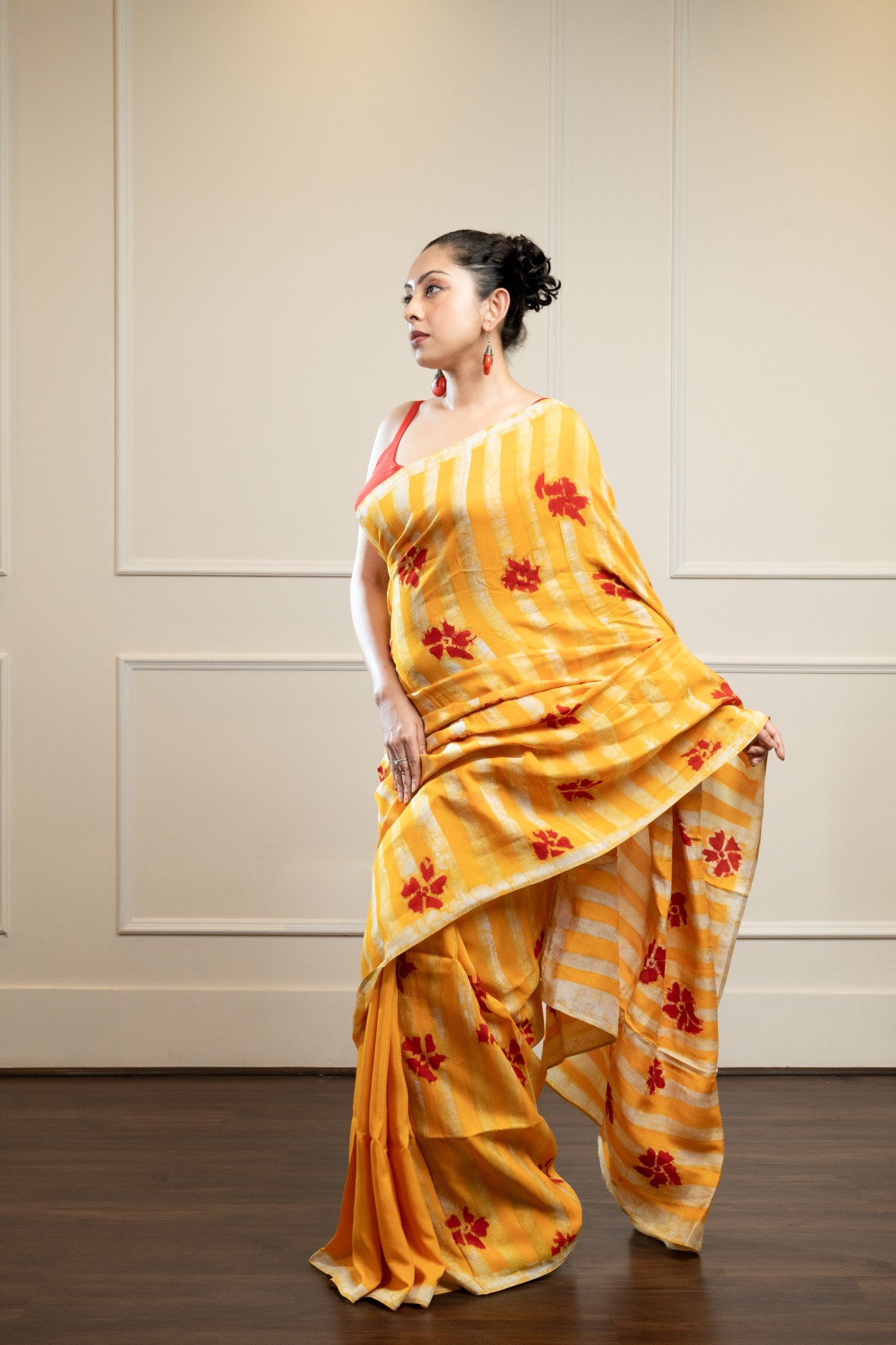 Yellow Floral Stripes Hand Batik Silk Saree - Image 3