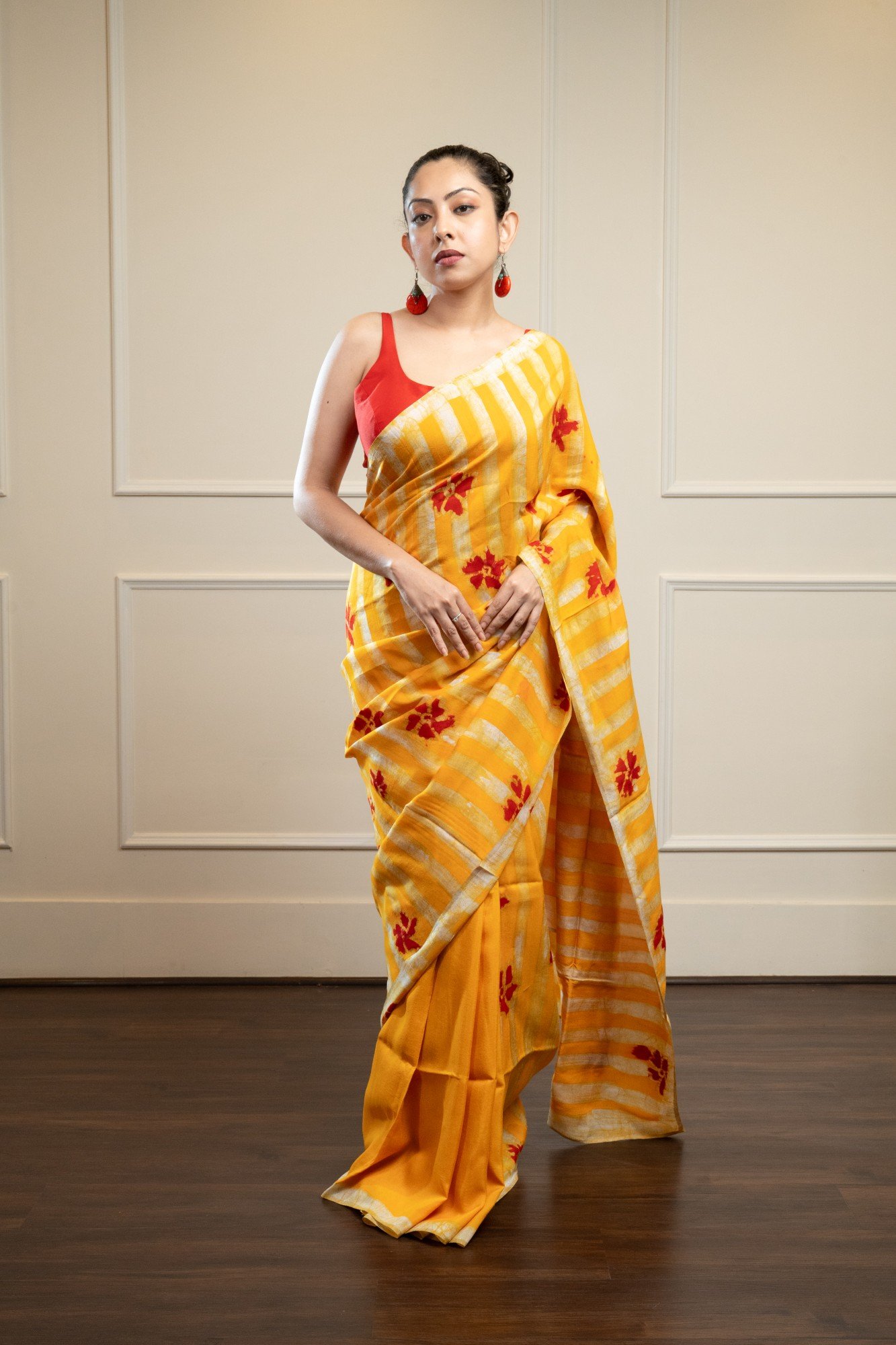 Yellow Floral Stripes Hand Batik Silk Saree - Image 6