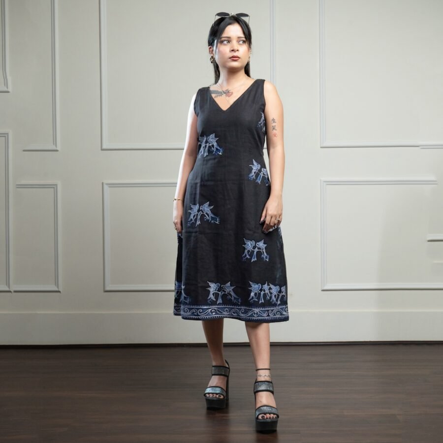 Birds Blue Black Hand Batik Pure Cotton Dress