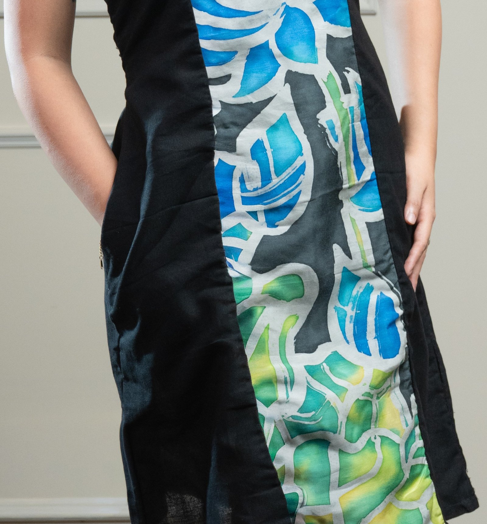 Blue Lotus Hand Brush Painted Sleeves Black Dress - Image 2