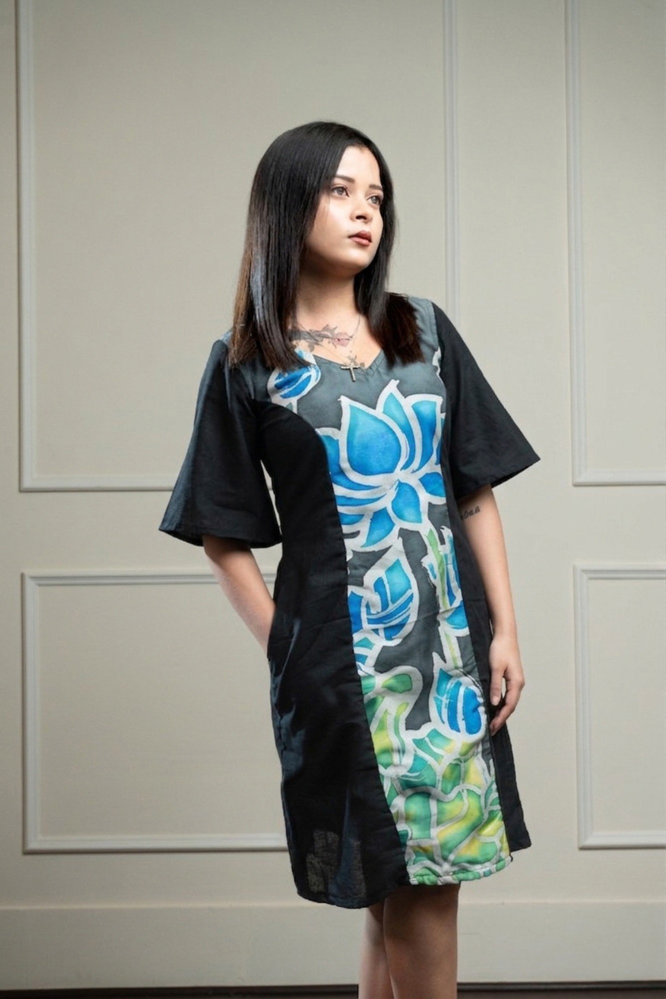 Blue Lotus Hand Brush Painted Sleeves Black Dress - Image 3