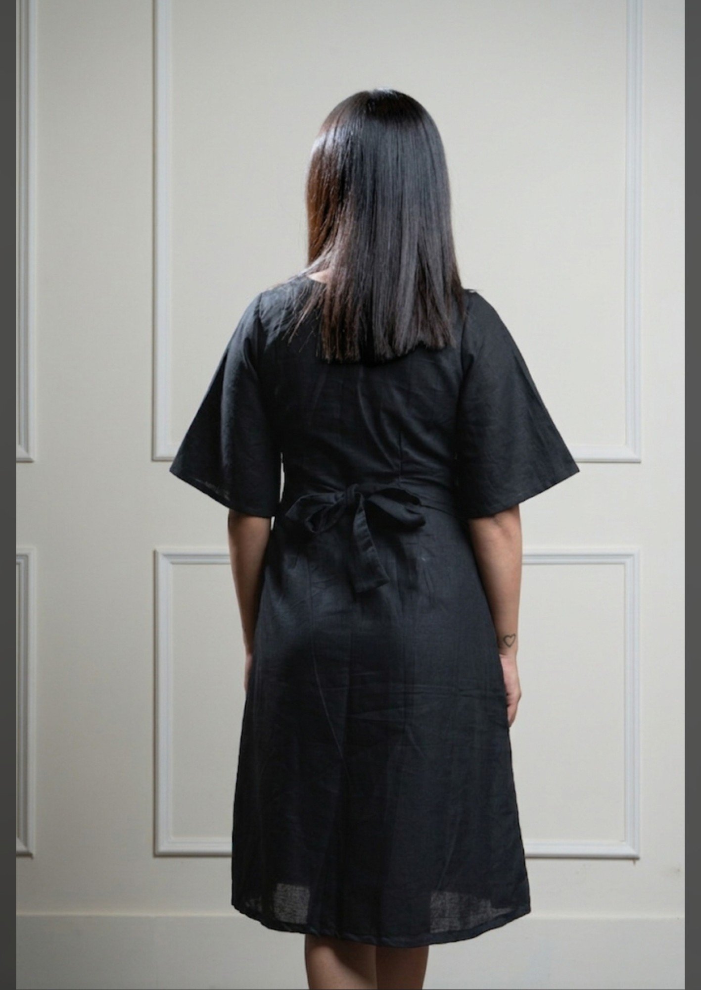 Blue Lotus Hand Brush Painted Sleeves Black Dress - Image 4