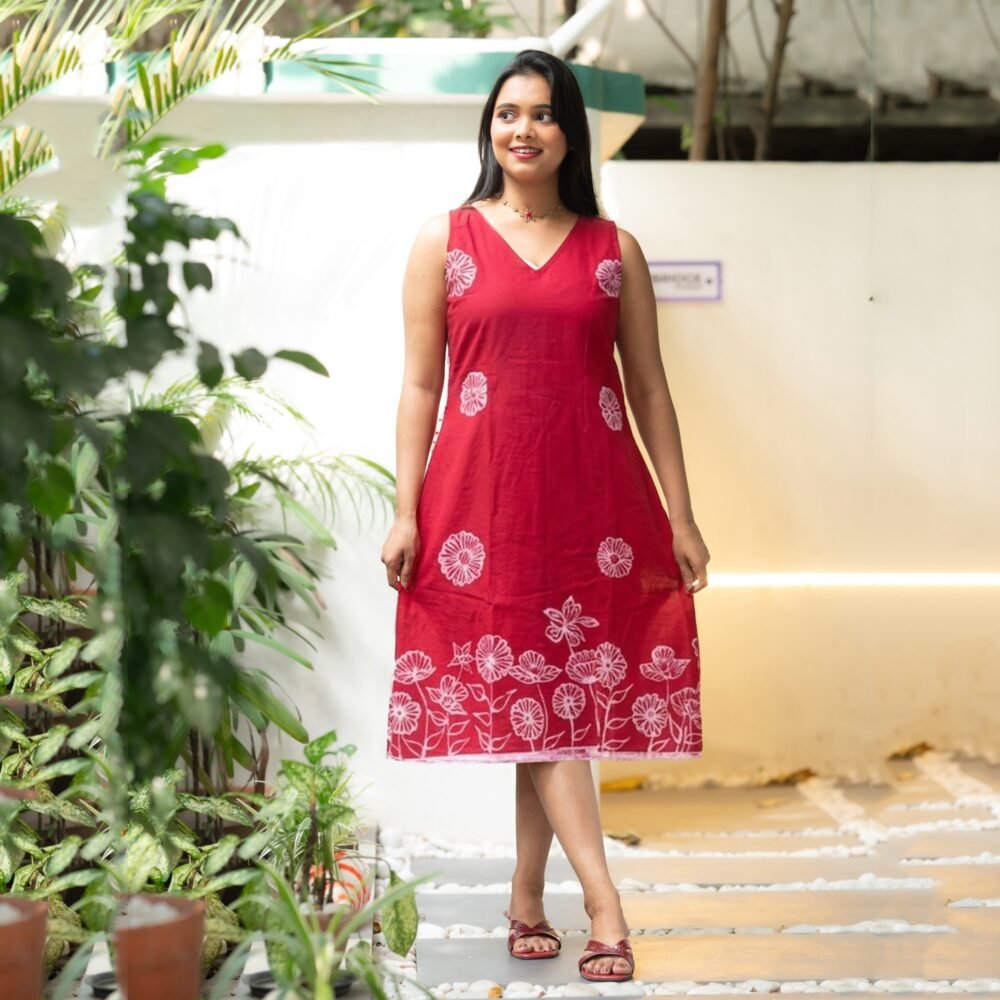 Dandelions Red Hand Batik Pure Cotton Dress
