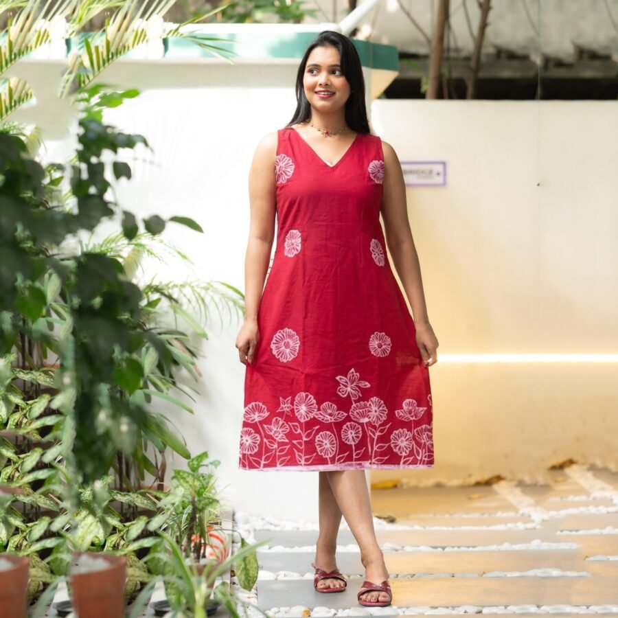 Dandelions Red Hand Batik Pure Cotton Dress