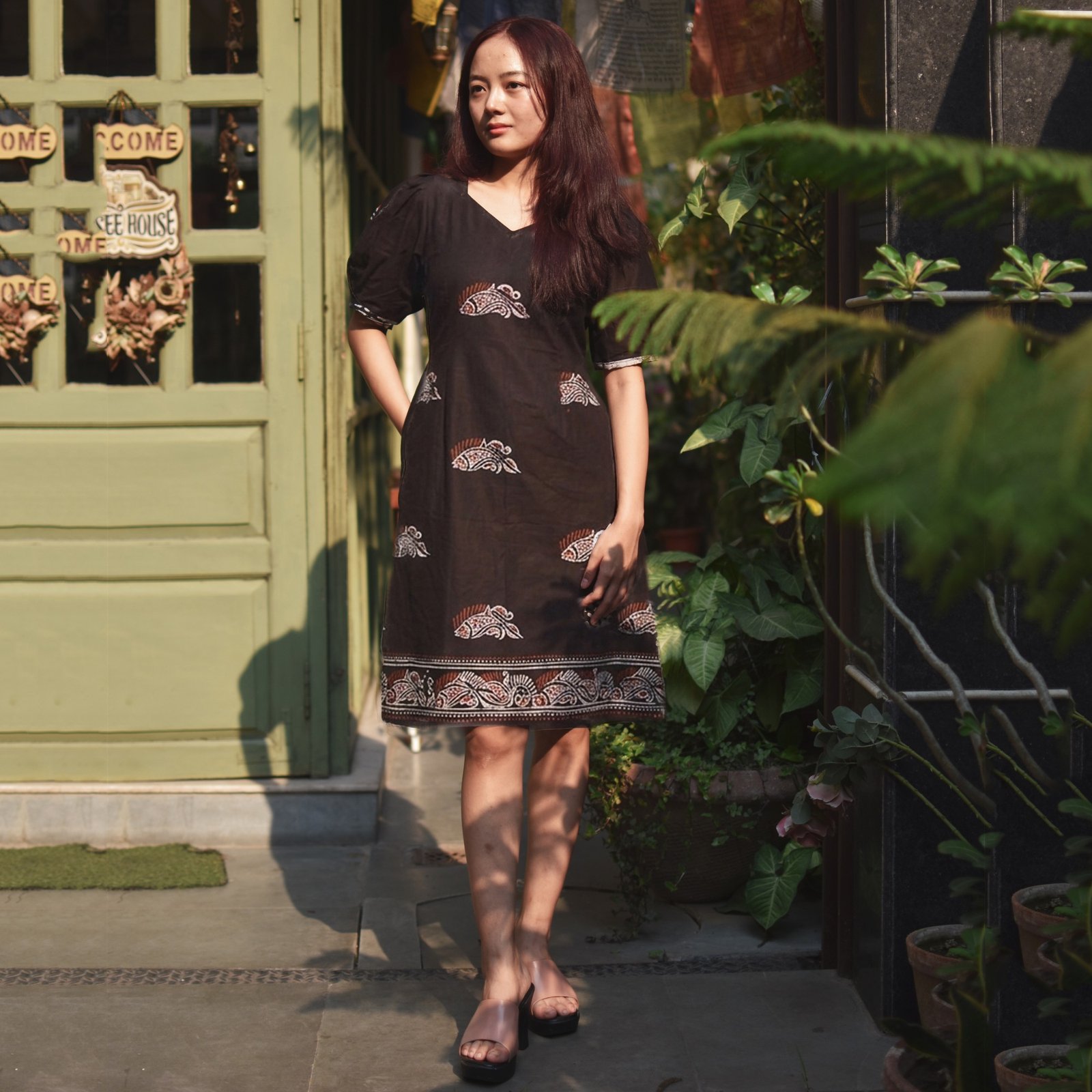 Fish Shoru Tuli Sleeves Pure Cotton Black Dress