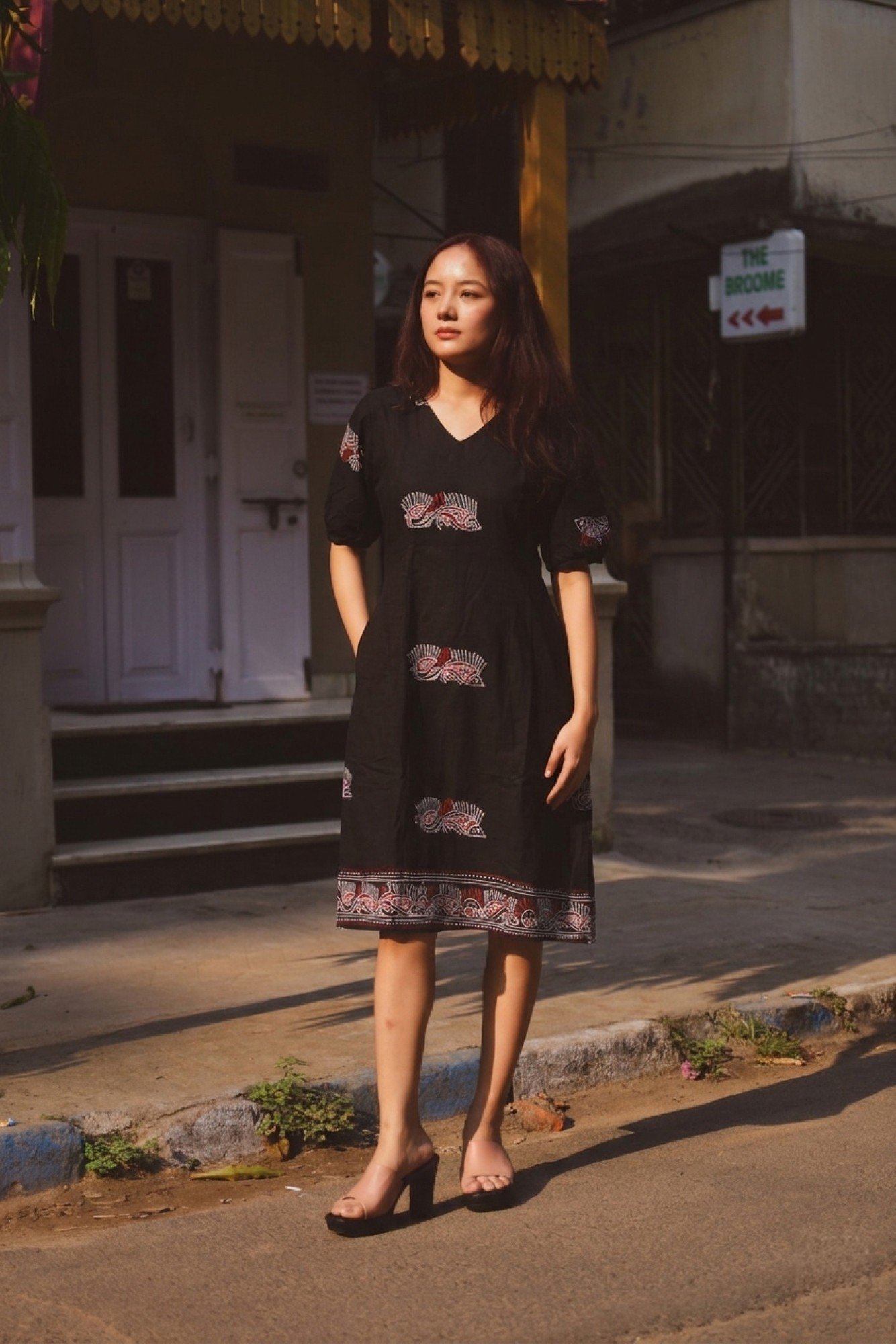 Fish Shoru Tuli Sleeves Pure Cotton Black Dress - Image 2