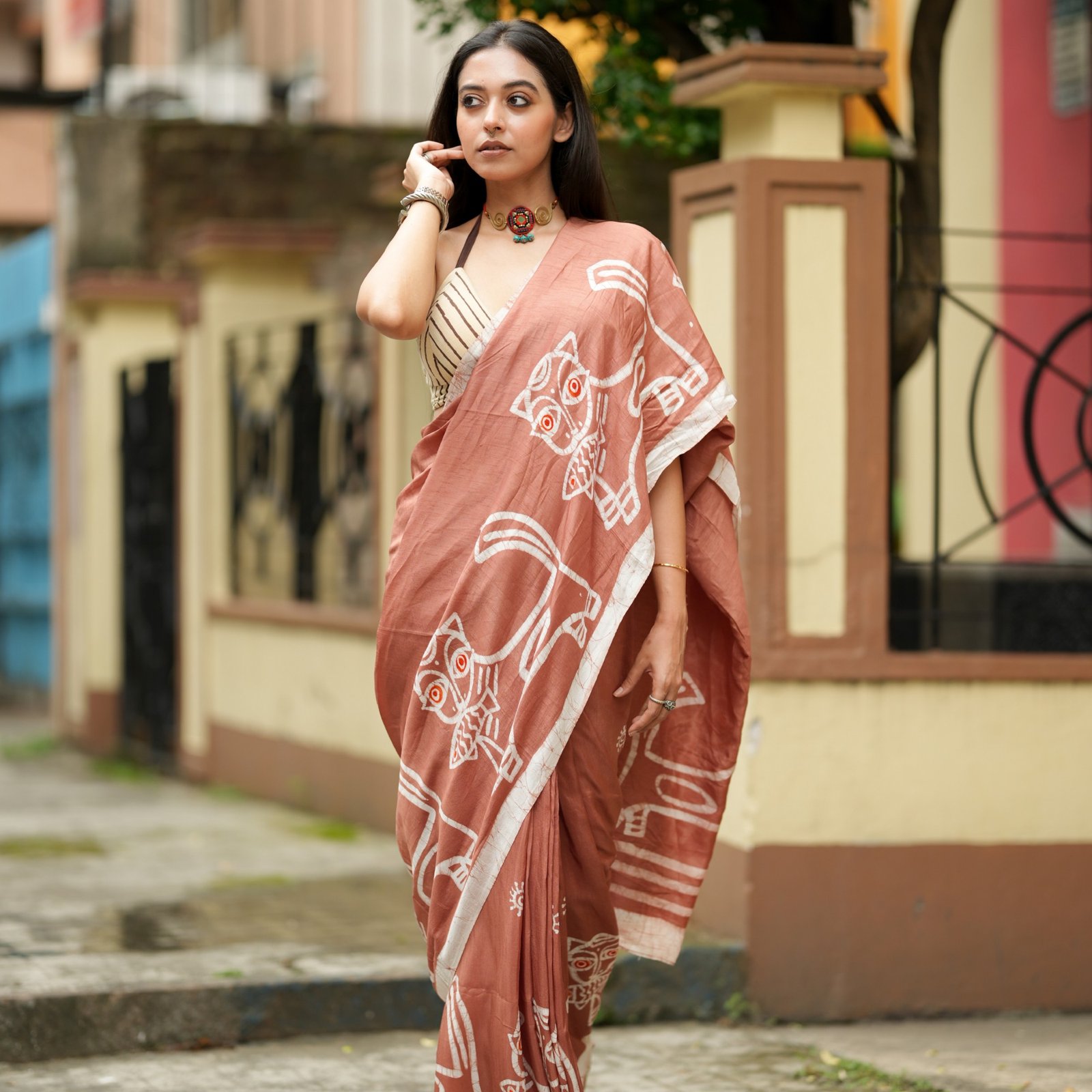 Jamini Roy Beral Chandan Hand Batik Silk Cotton Saree
