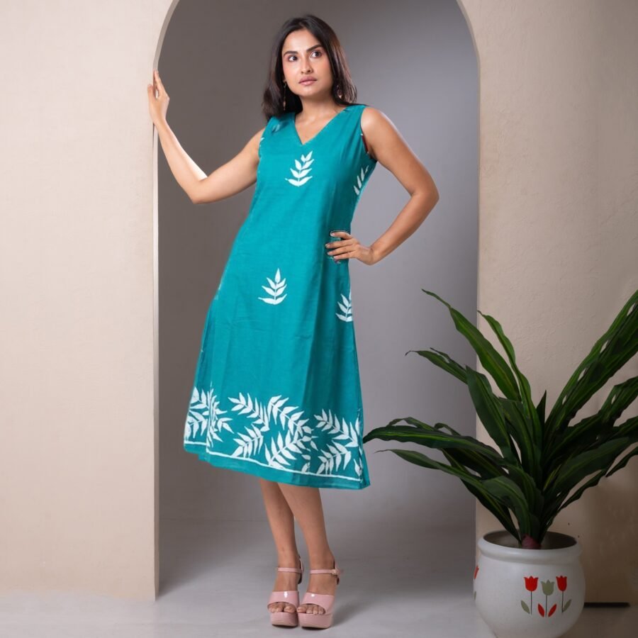 Leaf Green Hand Batik Cotton Dress