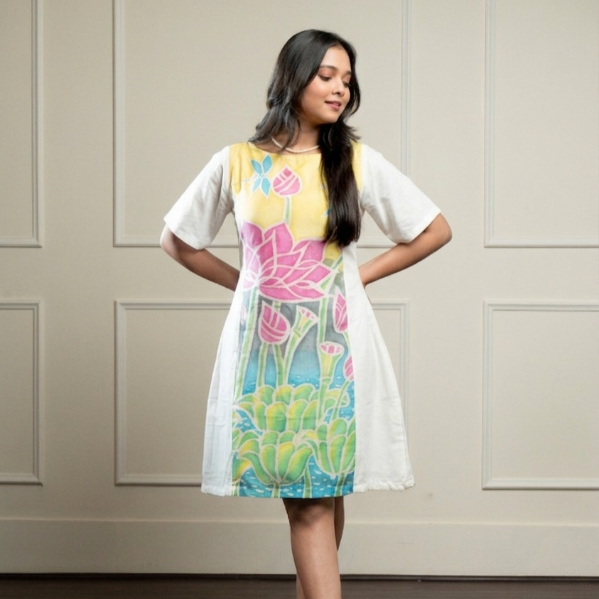 Lotus Hand Brush Painted Sleeves Silk and Cotton Dress