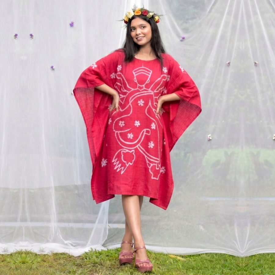 Durga Magenta Red Hand Batik Silk Cotton Kaftan Dress