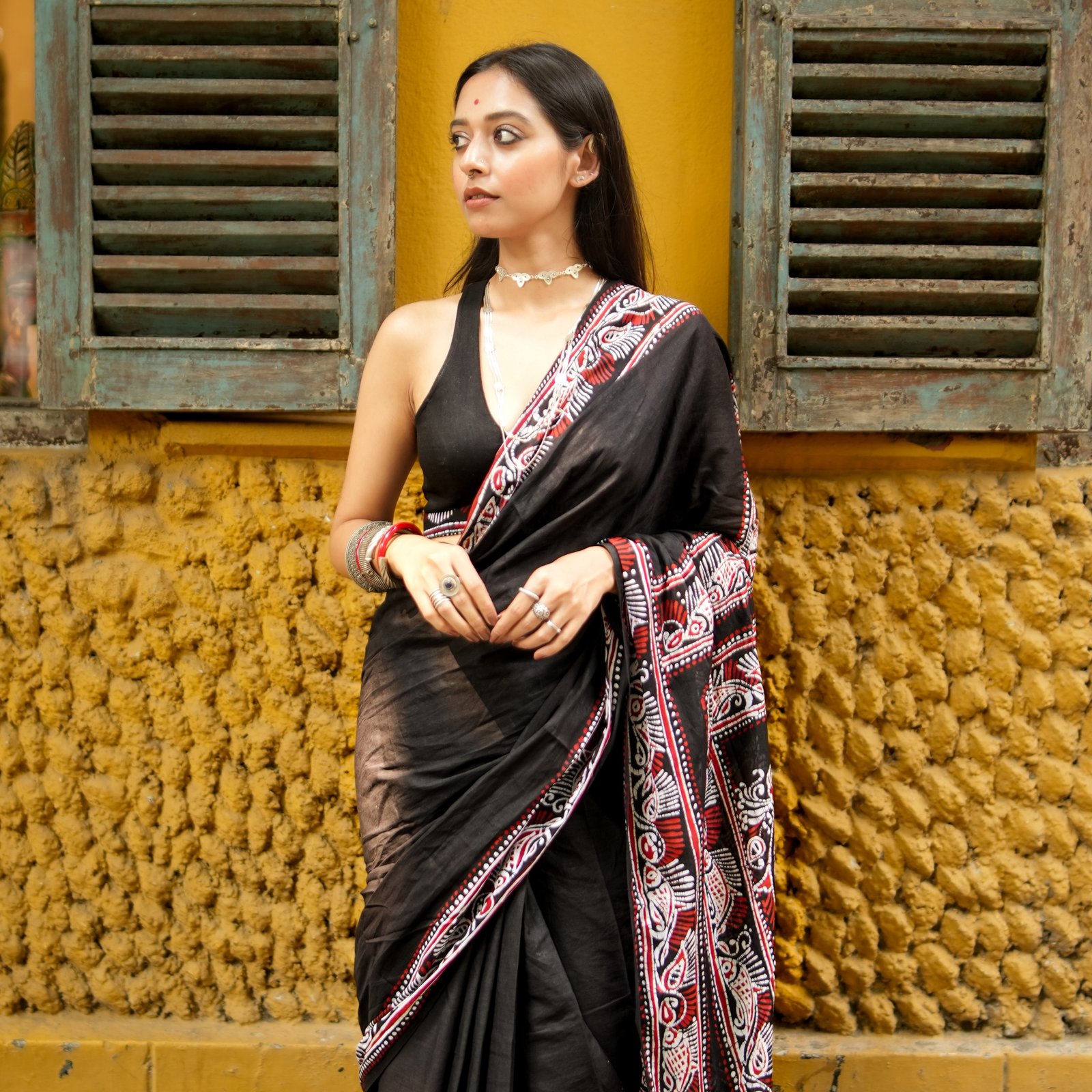 Fish Shoru Tuli Solid Black Batik Pure Cotton Saree