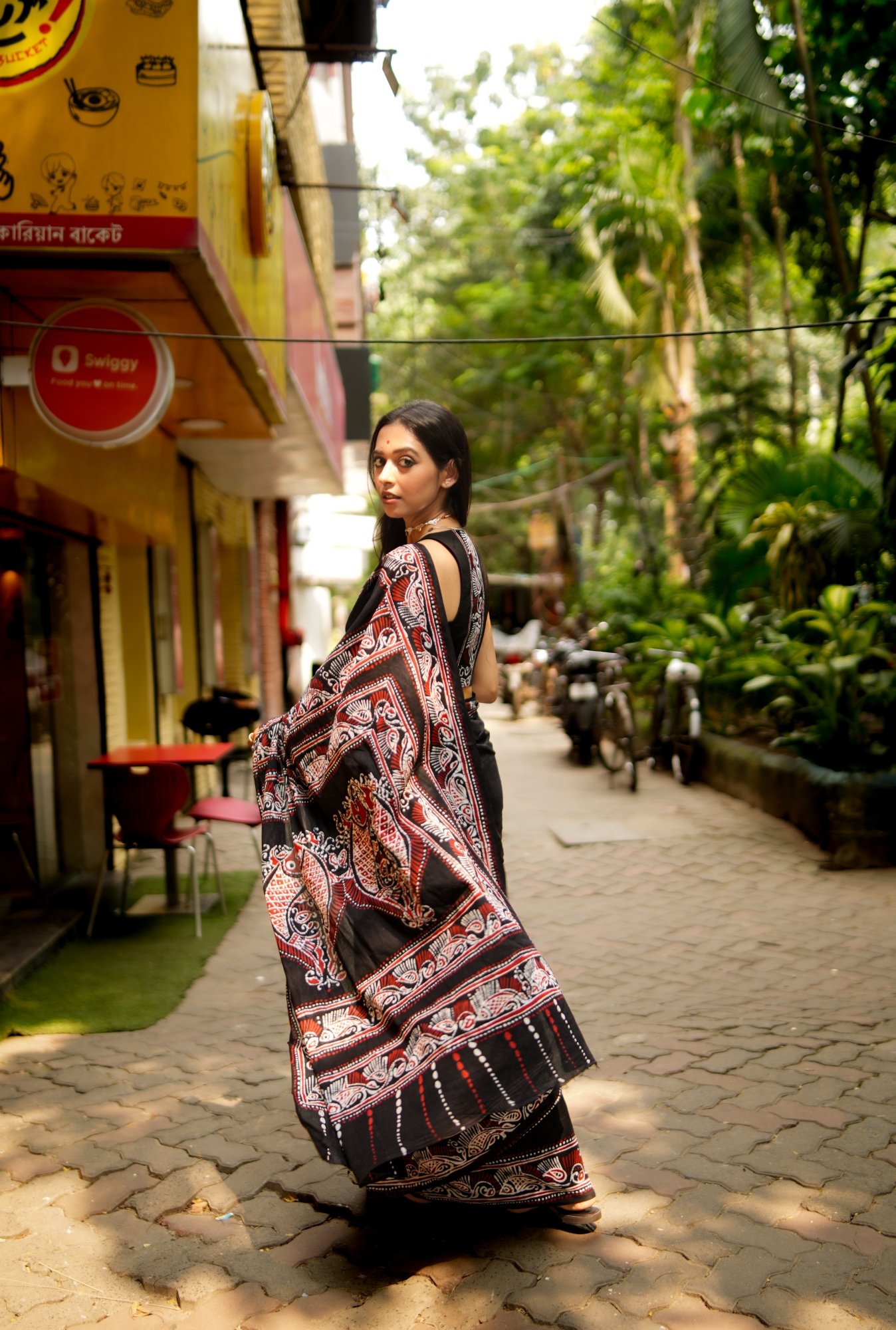 Fish Shoru Tuli Solid Black Batik Pure Cotton Saree - Image 2