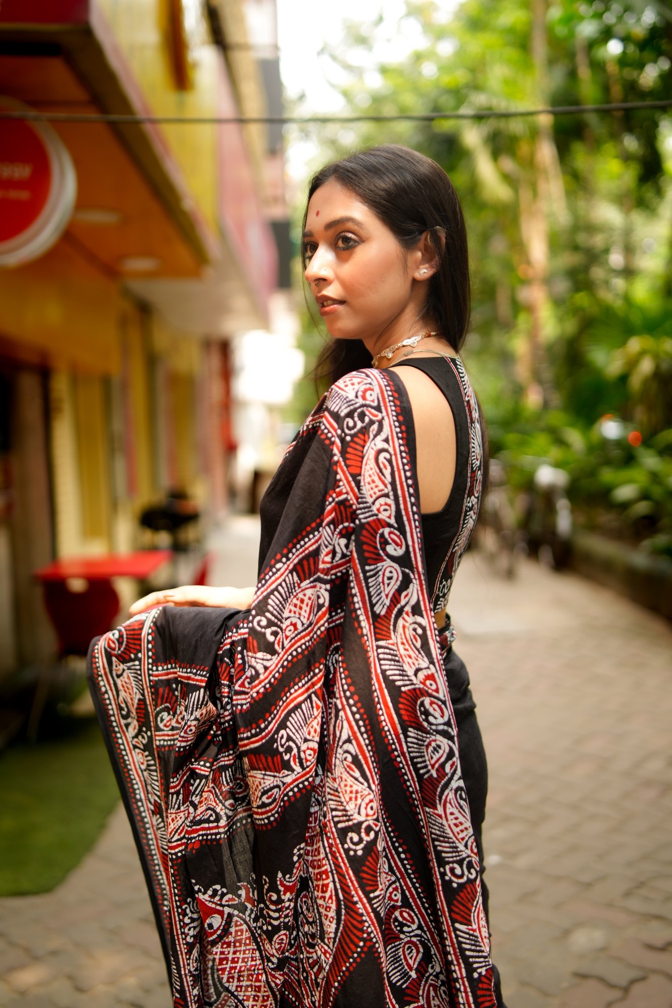 Fish Shoru Tuli Solid Black Batik Pure Cotton Saree - Image 3