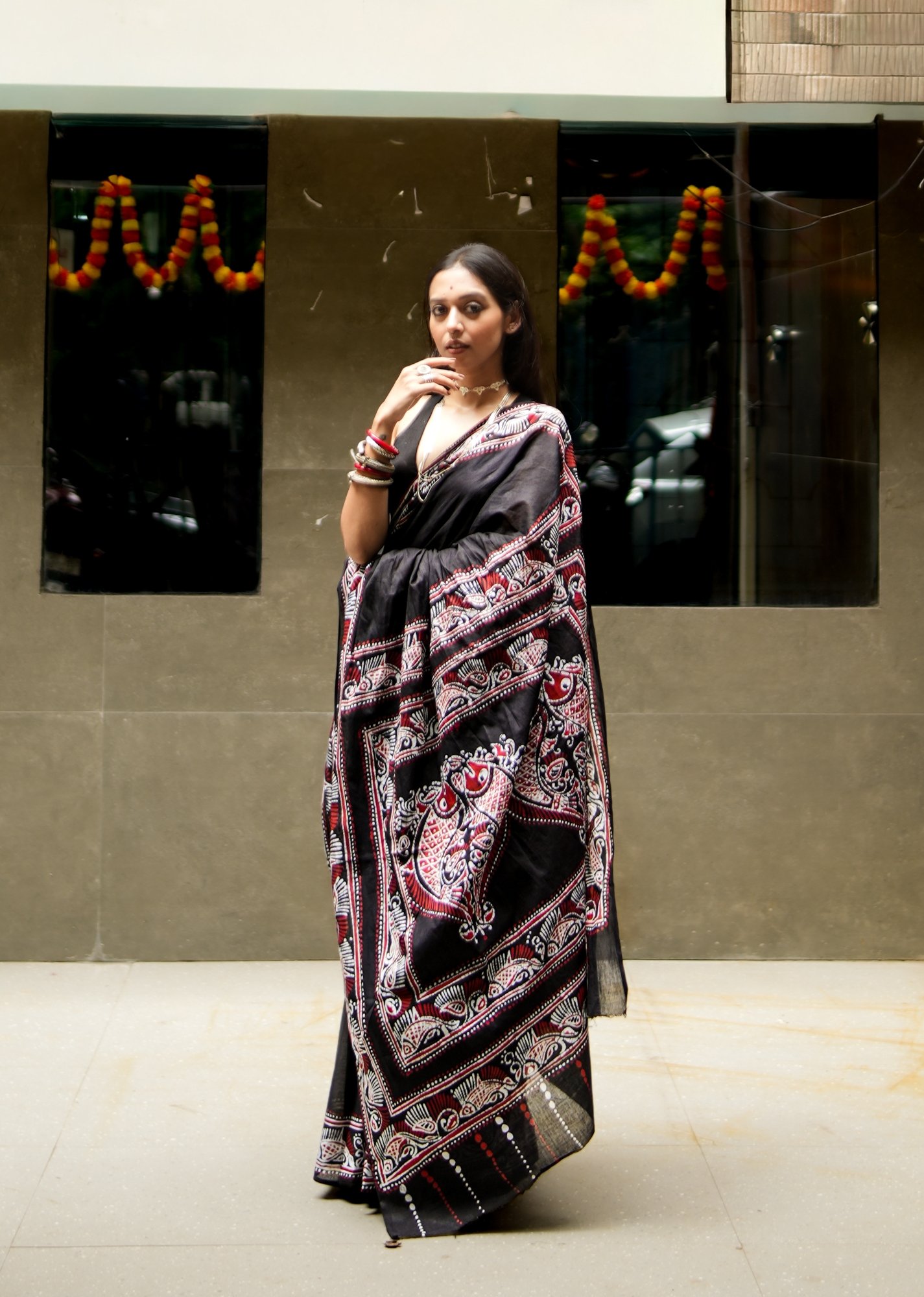 Fish Shoru Tuli Solid Black Batik Pure Cotton Saree - Image 4
