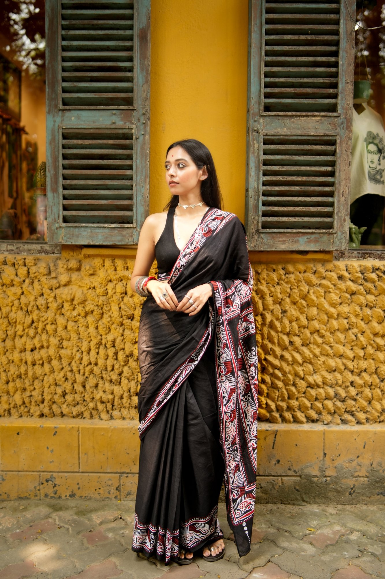 Fish Shoru Tuli Solid Black Batik Pure Cotton Saree - Image 5