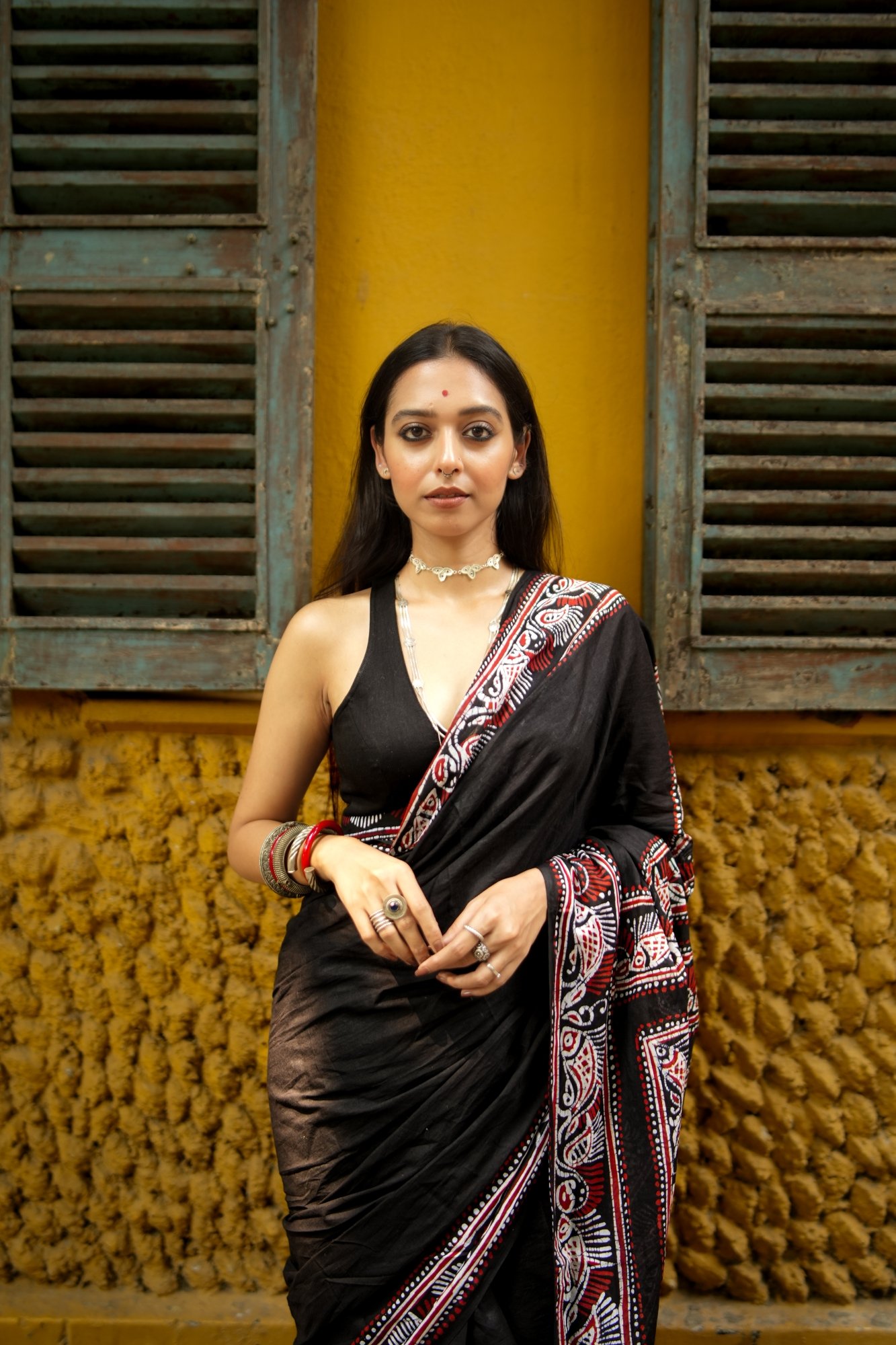 Fish Shoru Tuli Solid Black Batik Pure Cotton Saree - Image 6
