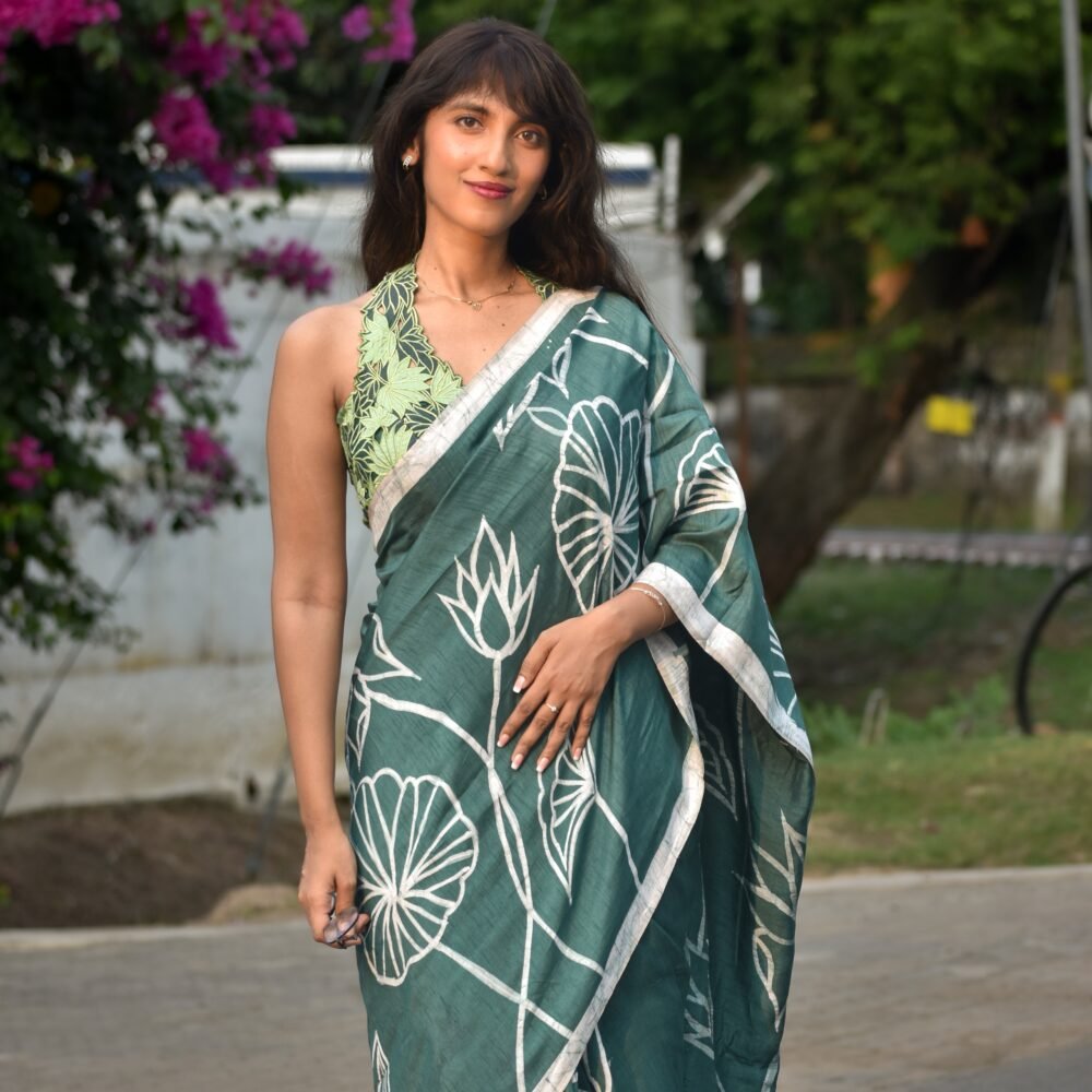 Lotus Olive Green Hand-painted Batik Saree