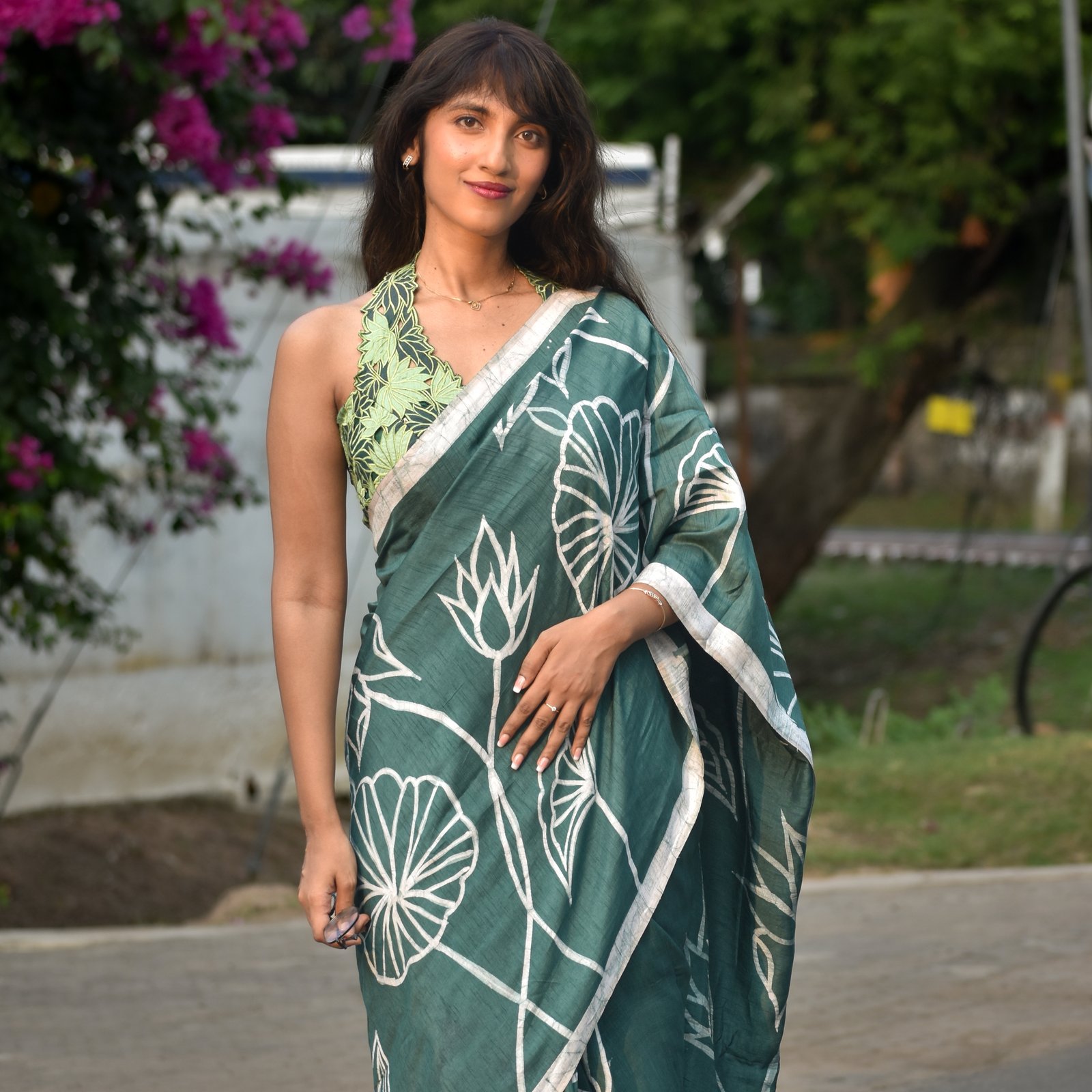 Lotus Olive Green Hand-painted Batik Saree