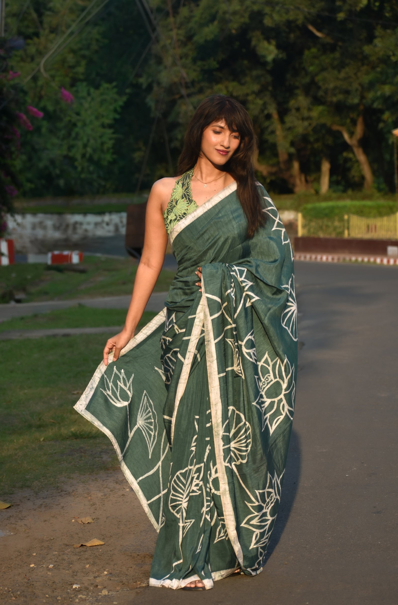 Lotus Olive Green Hand-painted Batik Saree - Image 2