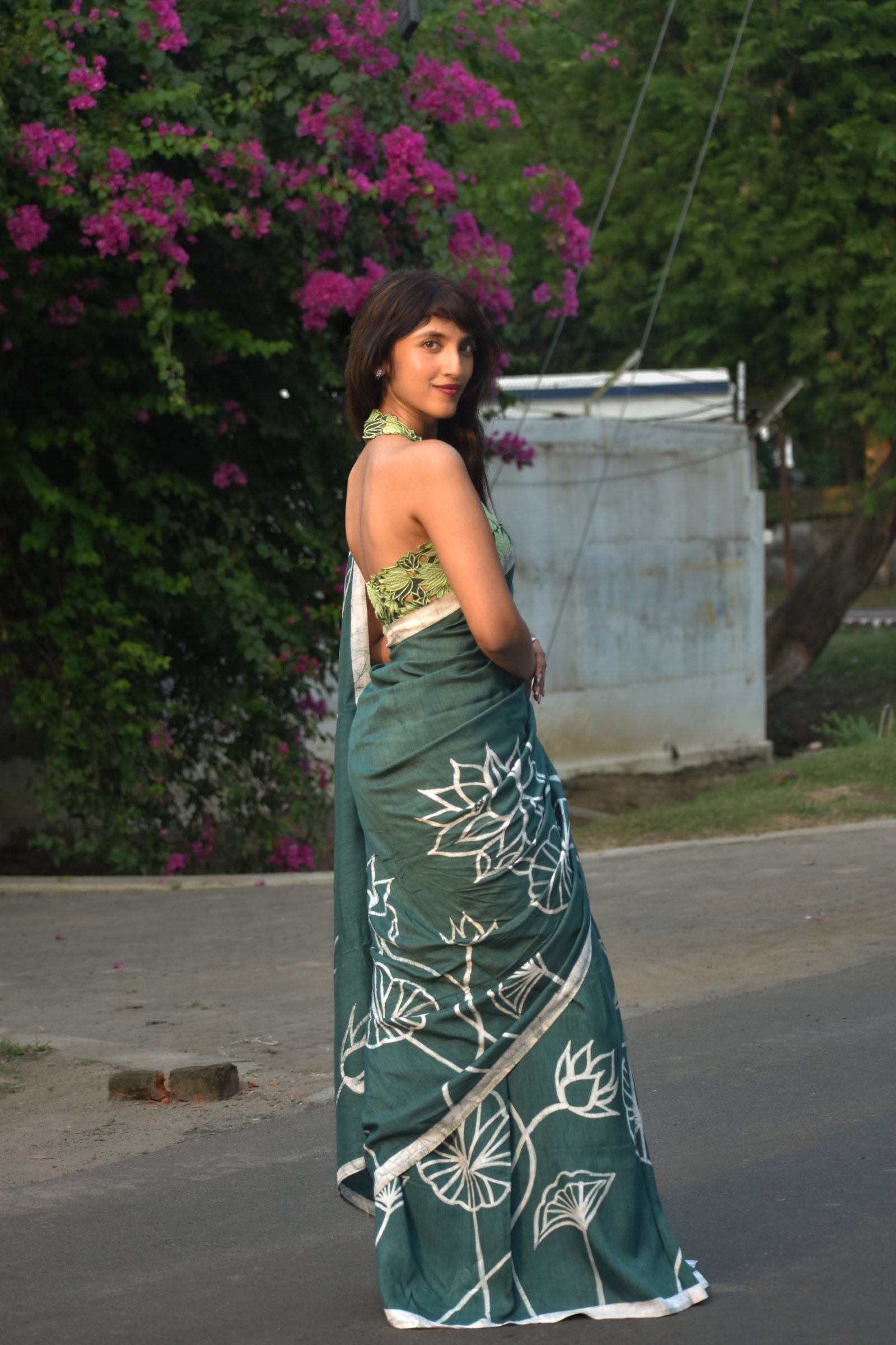 Lotus Olive Green Hand-painted Batik Saree - Image 5