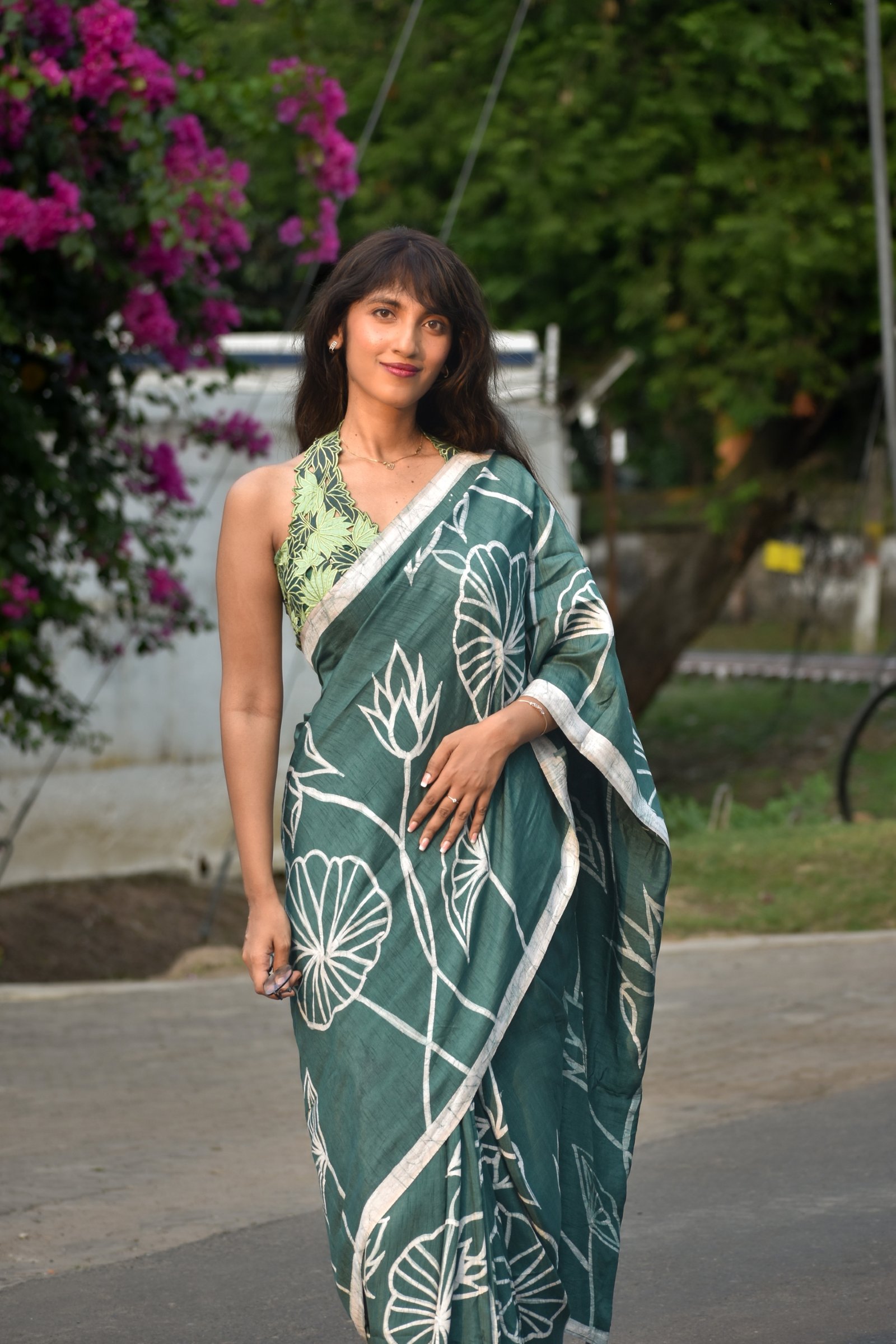Lotus Olive Green Hand-painted Batik Saree - Image 6