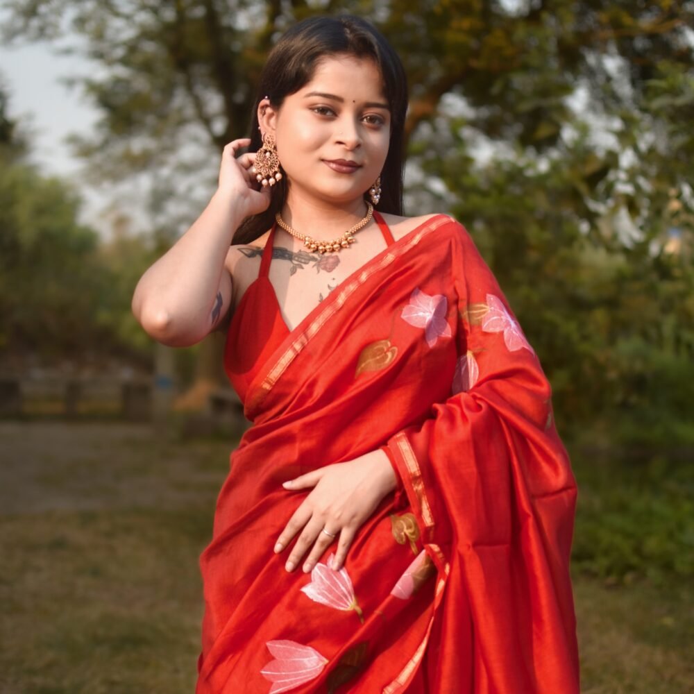 Red Floral Pure Silk Cotton Chanderi Saree with Running BP