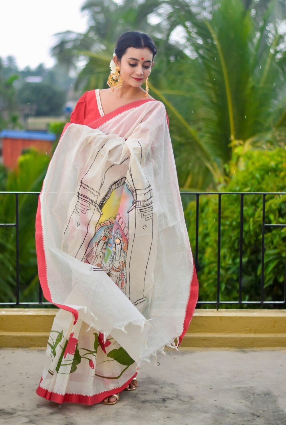 Durga Lotus Hand-painted Dhanekhali Saree - Image 3