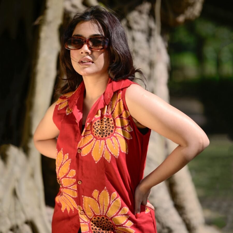 Sunflowers in Red Batik Shirt